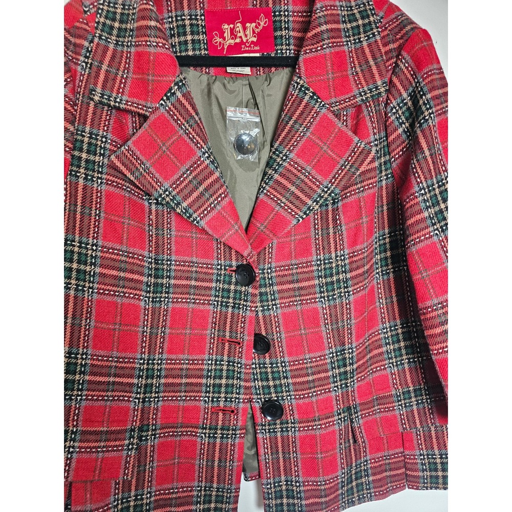 Dark Academia Live a Little Plaid Blazer Womens 1X Red Wool Blend Peplum Jacket - Picture 9 of 10